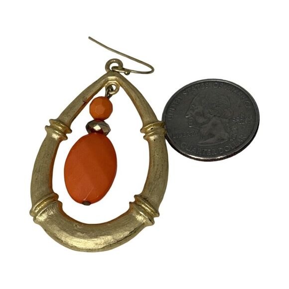 Gold-Tone Coral Orange Large Teardrop Dangle Earrings Statement - Picture 8 of 9